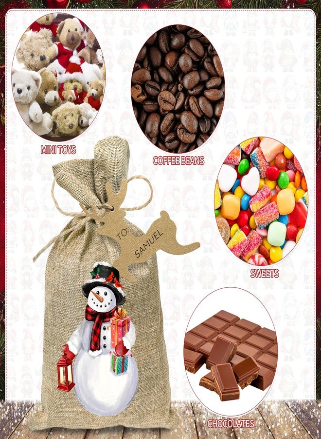 Fayoo 24Pcs Christmas Small Burlap Gift Bags with Drawstring, Xmas Snowman Treat Candy Bag with Tags Holiday Goody Gift Bags Reusable Linen Gift Wrapping Bags for Christmas Party Favors (12 Designs, 7 x 5 Inch) - Image 5